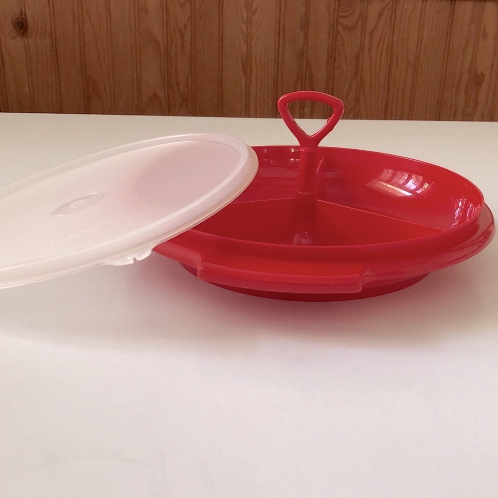 Vintage Tupperware Red Suzette Divided Serving Dish #608 with Sheer Lid